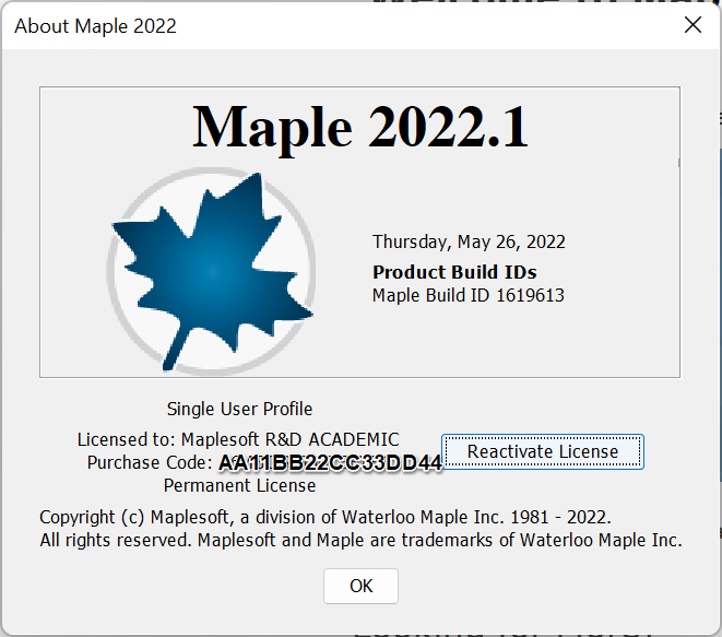 Why Does the Maple 2022 About Dialog Show 'Single User Profile' for a ...