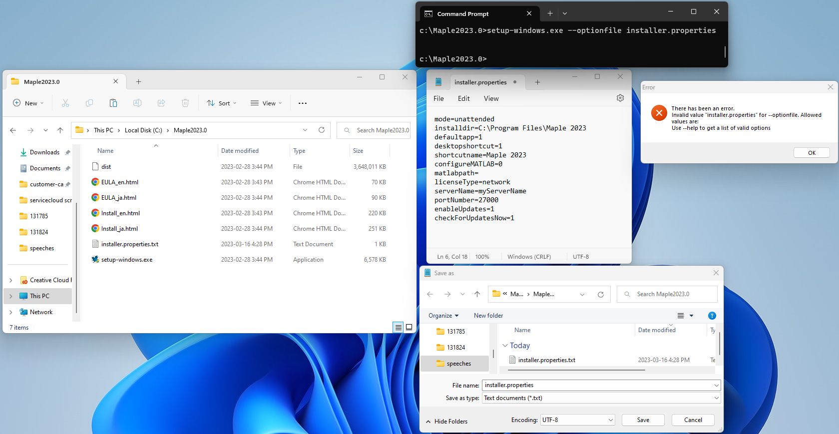 Why do I encounter 'Invalid value "installer.properties" for ...